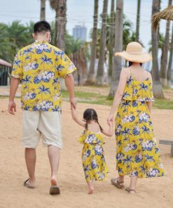 海旅行 夏服 親子ペア アロハシャツ カップル プレゼント 花柄ドレス 親子コーデ アロハ シャツ 花柄 ロング丈ドレス ビーチドレス シャツ+半ズボン 家族お揃い